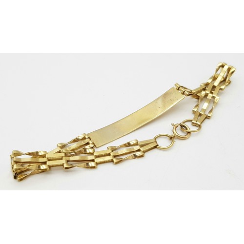 233 - A 9K Yellow Gold Identity Bracelet with Gate Links. 16cm. 3.3g