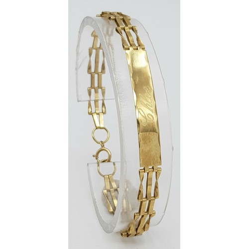 233 - A 9K Yellow Gold Identity Bracelet with Gate Links. 16cm. 3.3g