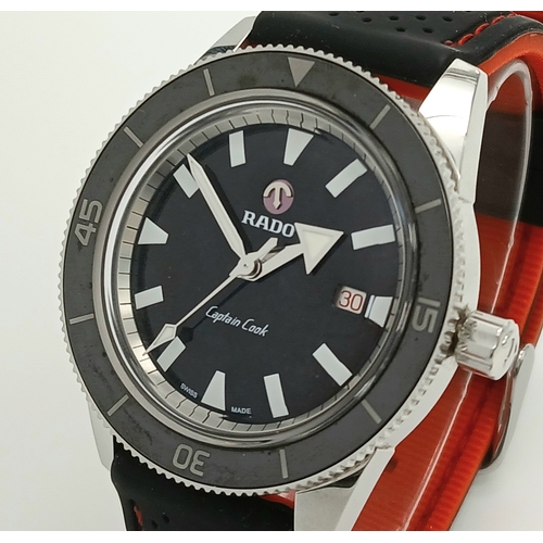 328 - A Rado Captain Cook Automatic Gents Watch. Black rubber strap. Stainless steel case - 43mm. Black di... 