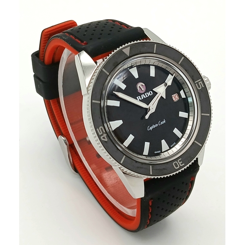 328 - A Rado Captain Cook Automatic Gents Watch. Black rubber strap. Stainless steel case - 43mm. Black di... 