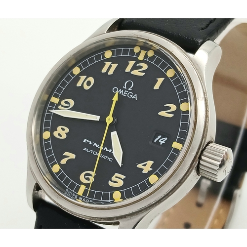 113 - A Lovely Vintage Omega Dynamic Gents Watch. Black leather strap. Stainless steel case - 37mm. Black ... 