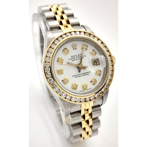 208 - A Rolex Bi-Metal and Diamond Ladies Datejust Watch. 18k gold and stainless steel bracelet. Case - 28... 