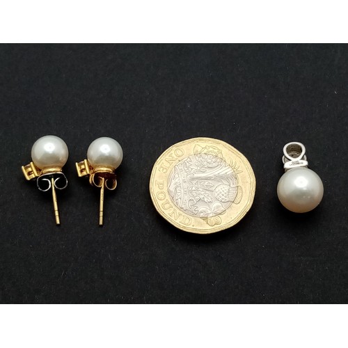 501 - A Pair of 18K Gold, Pearl and Diamond Stud Earrings Plus a 14K Gold Pearl and Diamond Pendant. 4.8g ... 