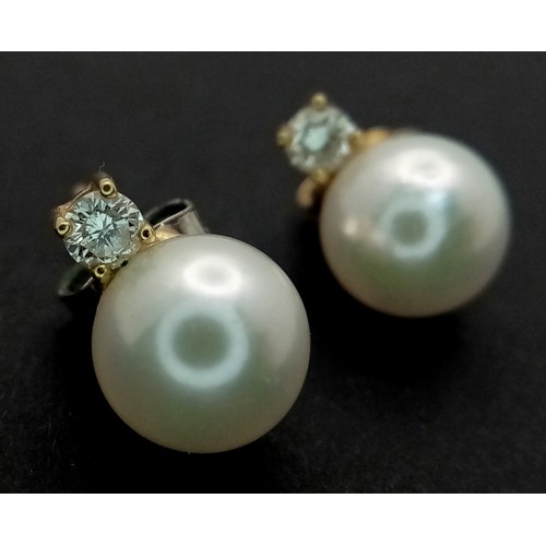 501 - A Pair of 18K Gold, Pearl and Diamond Stud Earrings Plus a 14K Gold Pearl and Diamond Pendant. 4.8g ... 