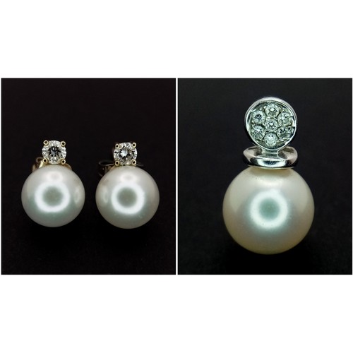 501 - A Pair of 18K Gold, Pearl and Diamond Stud Earrings Plus a 14K Gold Pearl and Diamond Pendant. 4.8g ... 