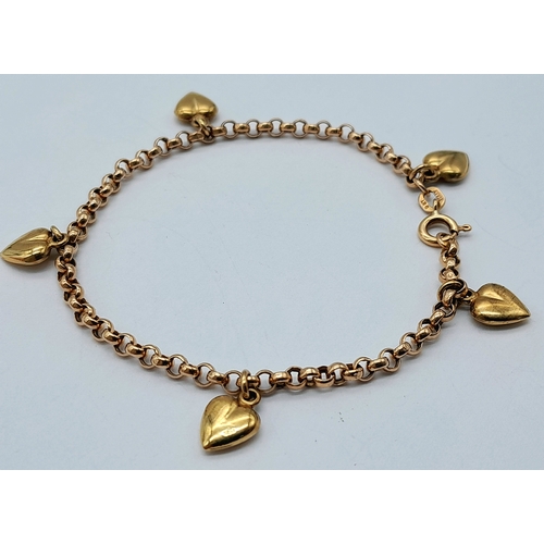 225 - A 9K Gold Italian Heart Bracelet with Multiple Heart Charms. 18cm. 3.45g