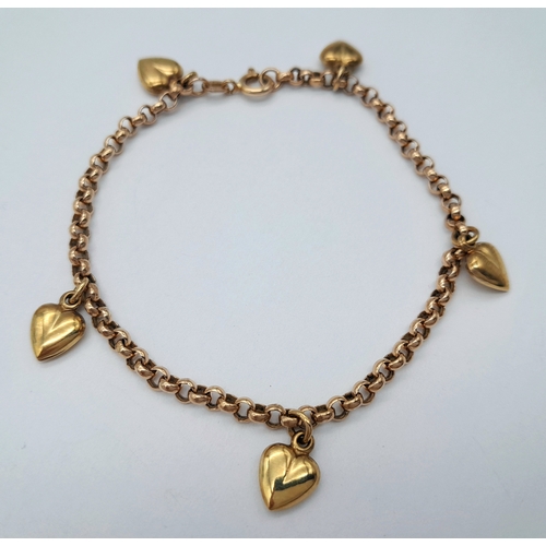 225 - A 9K Gold Italian Heart Bracelet with Multiple Heart Charms. 18cm. 3.45g