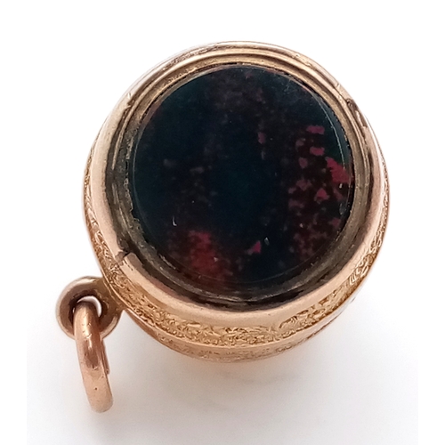 232 - A Wonderful Victorian Pinchbeck Barrel Charm/Fob Pendant. Bloodstone and agate ends. 16mm. 3.4g