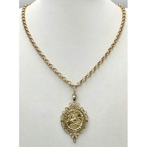 24 - A 9K Yellow Gold Belcher Link Chain with St. George Pendant. 44cm and 3cm. 12.5g