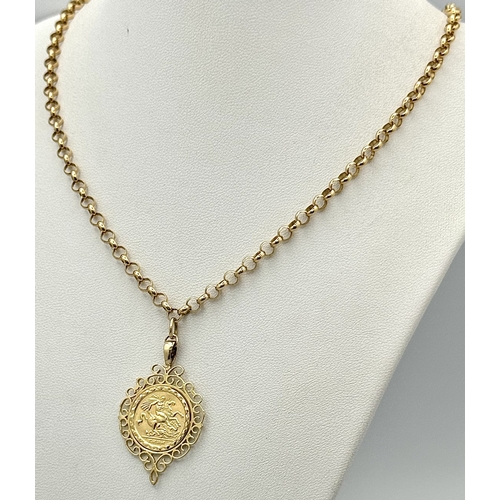 24 - A 9K Yellow Gold Belcher Link Chain with St. George Pendant. 44cm and 3cm. 12.5g