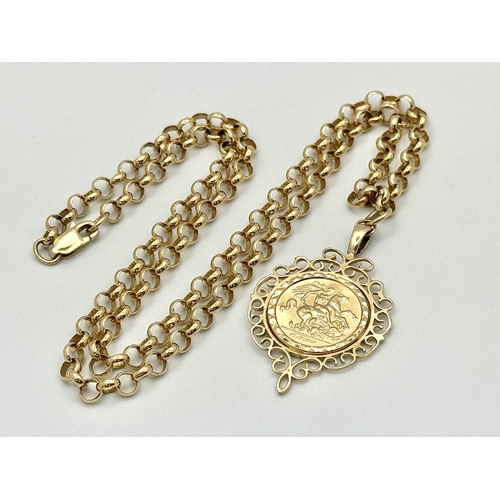 24 - A 9K Yellow Gold Belcher Link Chain with St. George Pendant. 44cm and 3cm. 12.5g