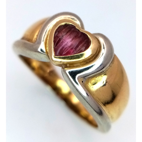 31 - An Italian 18K Yellow Gold Ruby Heart Ring. Size R 1/2. 8.9g