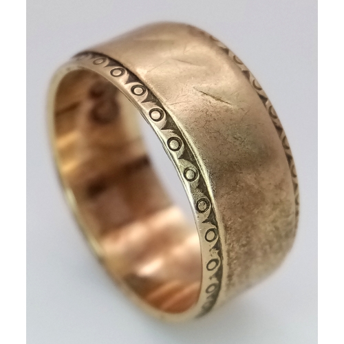 1140 - A Vintage 9K Yellow Gold Band Ring. 8mm width. Size K 1/2. 4g.