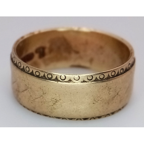 1140 - A Vintage 9K Yellow Gold Band Ring. 8mm width. Size K 1/2. 4g.