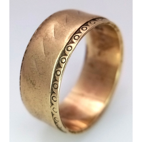 1140 - A Vintage 9K Yellow Gold Band Ring. 8mm width. Size K 1/2. 4g.