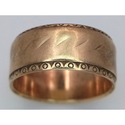 1140 - A Vintage 9K Yellow Gold Band Ring. 8mm width. Size K 1/2. 4g.