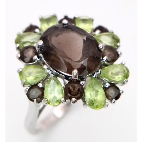 1634 - A Sterling Silver Smoky Quartz and Peridot Set Ring Size M1/2. The Ring measures 2cm Long at the Cro... 