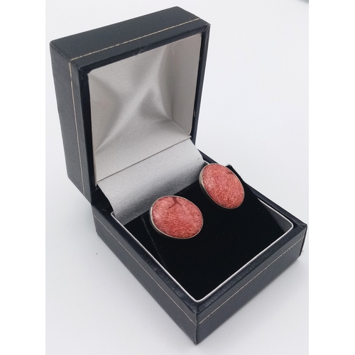 1638 - A Pair of Sterling Silver Gembone (Fossil) Stud Earrings. 1.7cm length. In Presentation Box.