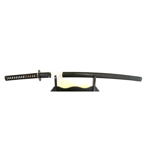 JAPANESE SWORD - A RARE 14th
CENTURY NAGAMAKI BLADE REMOUNTED
AS A KATANA IN THE EDO PERIOD. An Ultra Rare, Japanese 13-14th Century Nagamaki Blade Re-Mounted in the Early Edo Period (1600) as a Katana (nagamaki-naoshi-katana). The blade, which is immaculate, is housed in a black ishime lacquer scabbard wit shakudo kojiri and is fitted with a Warabite sukashi iron tsuba. The silk bound handle is fitted with a high quality fuchi and kashira in shakudo (copper and gold alloy) and (silver and copper alloy). The fuchi is signed Tsunennao. Blade length - 67cm. 98cm total length.