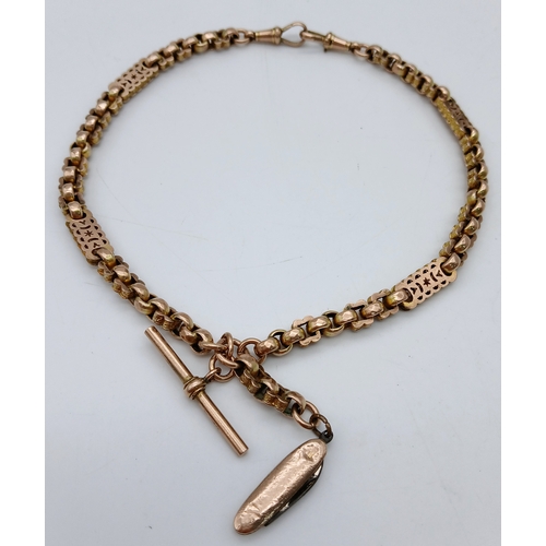 31 - A Fabulous 9K Gold Antique Gold Albert Chain Conversion. Twin lobster clips, T-bar and a gold miniat... 