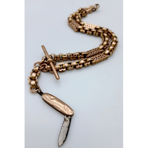 31 - A Fabulous 9K Gold Antique Gold Albert Chain Conversion. Twin lobster clips, T-bar and a gold miniat... 