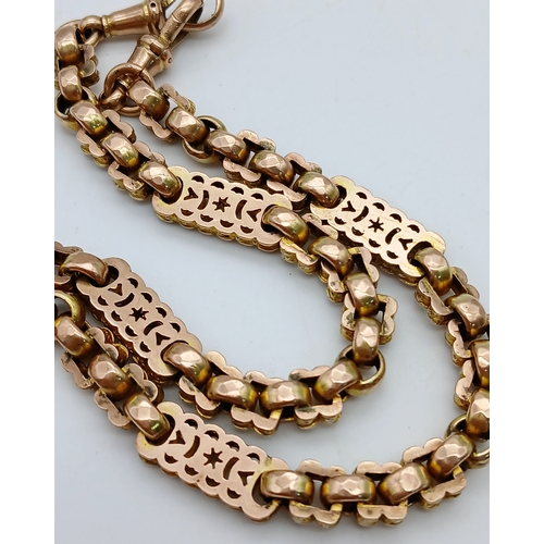 31 - A Fabulous 9K Gold Antique Gold Albert Chain Conversion. Twin lobster clips, T-bar and a gold miniat... 