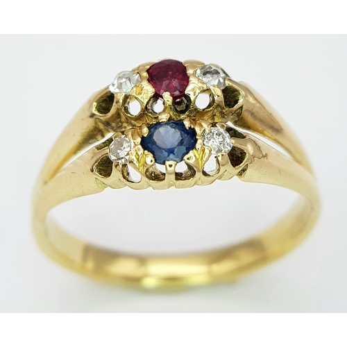 44 - AN 18K YELLOW GOLD ( TESTED ) VINTAGE DIAMOND, RUBY & SAPPHIRE RING 3.4G SIZE L. Ref: SC 4036