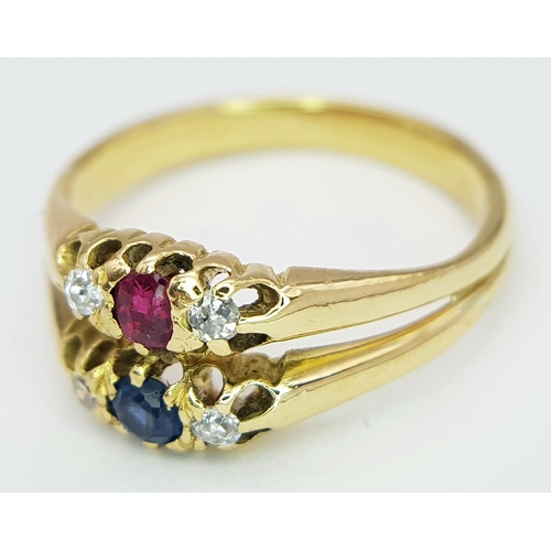 44 - AN 18K YELLOW GOLD ( TESTED ) VINTAGE DIAMOND, RUBY & SAPPHIRE RING 3.4G SIZE L. Ref: SC 4036