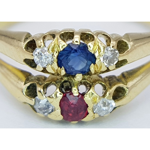 44 - AN 18K YELLOW GOLD ( TESTED ) VINTAGE DIAMOND, RUBY & SAPPHIRE RING 3.4G SIZE L. Ref: SC 4036