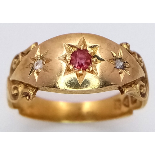 67 - AN 18K YELLOW GOLD VINTAGE DIAMOND & RUBY RING 3G TOTAL WEIGHT, SIZE M, HALLMARKED CHESTER 1948. Ref... 