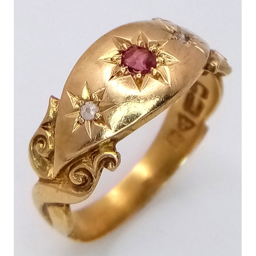 67 - AN 18K YELLOW GOLD VINTAGE DIAMOND & RUBY RING 3G TOTAL WEIGHT, SIZE M, HALLMARKED CHESTER 1948. Ref... 