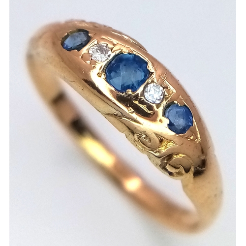 107 - AN 18K YELLOW GOLD VINTAGE DIAMOND & SAPPHIRE RING 2.6G SIZE O 1/2. Ref: SC 4038