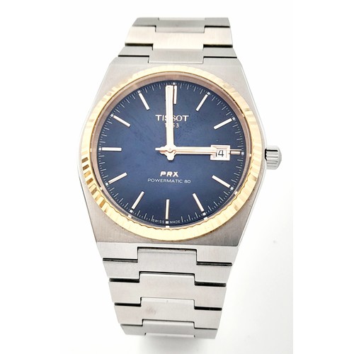 109 - A Tissot PRX Powermatic 80 Automatic Gents Watch. Stainless steel bracelet and case - 41mm. Blue dia... 