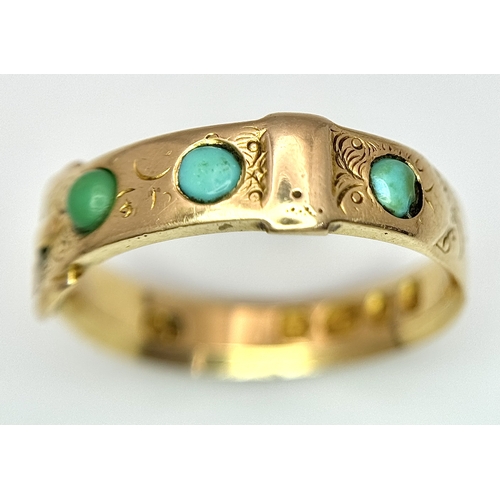 110 - AN 18K YELLOW GOLD ANTIQUE TURQUOISE SET BUCKLE RING - 3.9G. SIZE M. HALLMARKED LONDON 1869 PART OF ... 