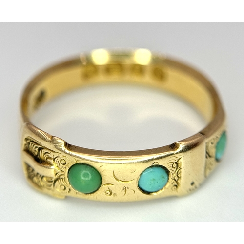 110 - AN 18K YELLOW GOLD ANTIQUE TURQUOISE SET BUCKLE RING - 3.9G. SIZE M. HALLMARKED LONDON 1869 PART OF ... 