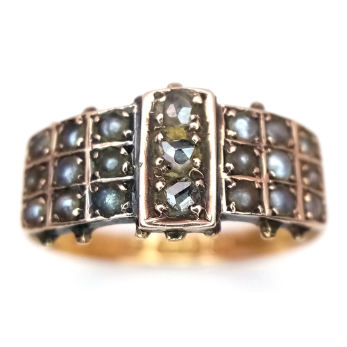 114 - A 15K YELLOW GOLD ANTIQUE DIAMOND & PEARL RING 2.2G SIZE M , HALLMARKED CHESTER 182. Ref: SC 4030