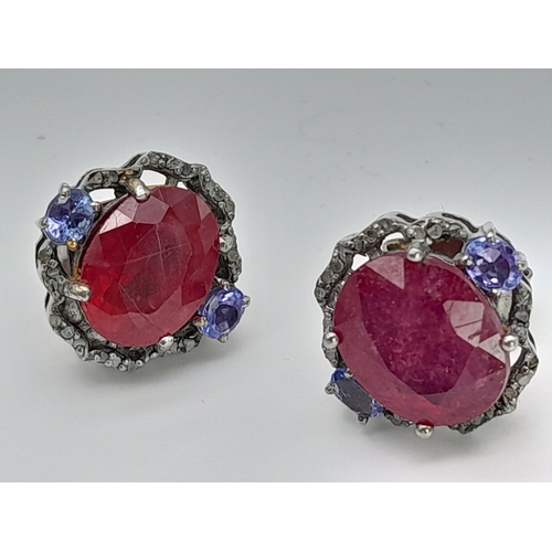 159 - A Pair of Ruby, Tanzanite and Old Cut Diamond Gemstone Stud Earrings. Set in 925 Silver. Rubies 4ctw... 