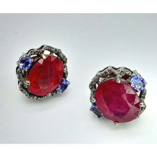 159 - A Pair of Ruby, Tanzanite and Old Cut Diamond Gemstone Stud Earrings. Set in 925 Silver. Rubies 4ctw... 