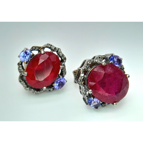 159 - A Pair of Ruby, Tanzanite and Old Cut Diamond Gemstone Stud Earrings. Set in 925 Silver. Rubies 4ctw... 