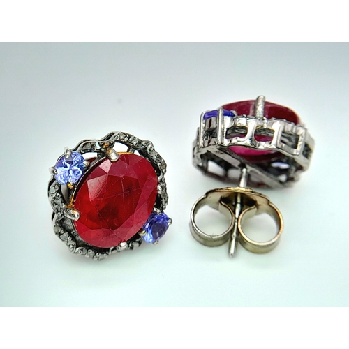 159 - A Pair of Ruby, Tanzanite and Old Cut Diamond Gemstone Stud Earrings. Set in 925 Silver. Rubies 4ctw... 