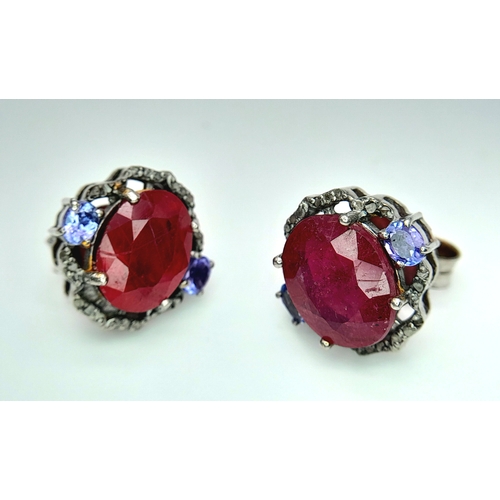 159 - A Pair of Ruby, Tanzanite and Old Cut Diamond Gemstone Stud Earrings. Set in 925 Silver. Rubies 4ctw... 