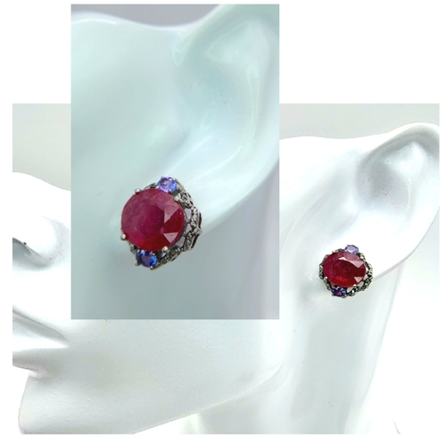 159 - A Pair of Ruby, Tanzanite and Old Cut Diamond Gemstone Stud Earrings. Set in 925 Silver. Rubies 4ctw... 