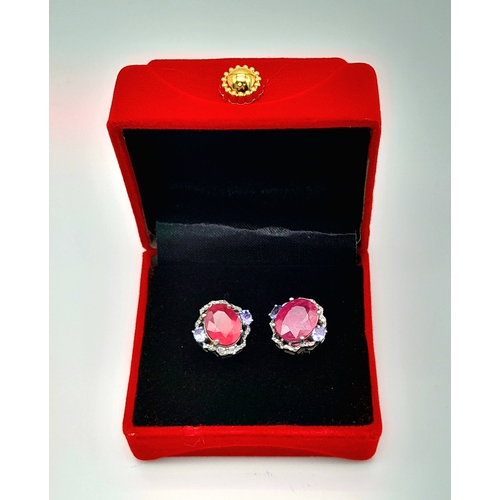 159 - A Pair of Ruby, Tanzanite and Old Cut Diamond Gemstone Stud Earrings. Set in 925 Silver. Rubies 4ctw... 