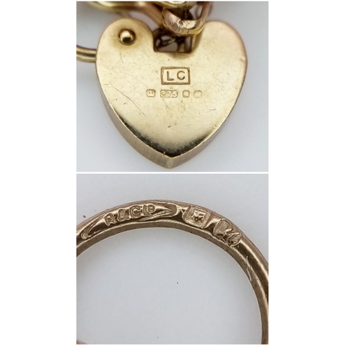 163 - A 9K GOLD VINTAGE 9 GATE BRACELET WITH HEART PADLOCK AND SAFETY CHAIN. A/F. 11.4gms