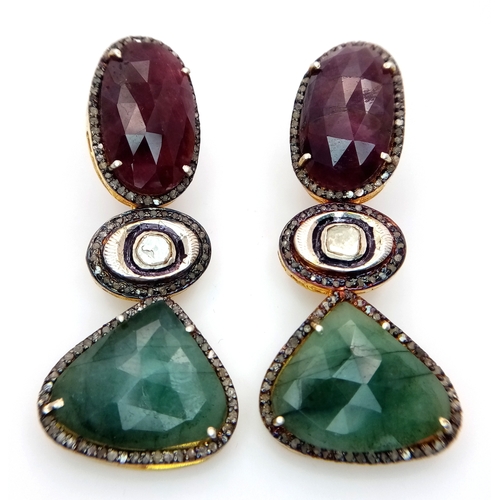 166 - A Pair of Emerald, Ruby and Diamond Drop Earrings. Set in gilded 925 Silver. Total Gemstones - 21ctw... 