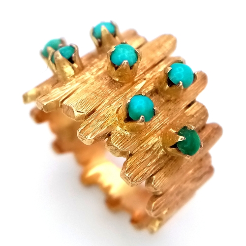 191 - A DESIGNER 18K GOLD BARKED EFFECT FASHION RING WITH SEVEN TURQUOISE STONES,    7,2gms    size L