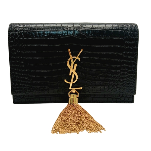 192 - A Saint Laurent Black Croc-Embossed Kate Tassel Shoulder Bag. Black croc-embossed leather exterior w... 