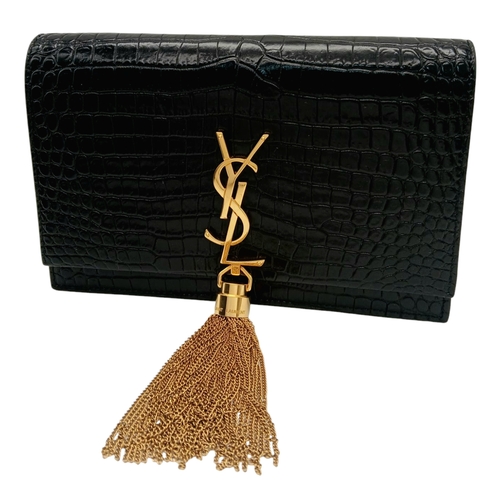 192 - A Saint Laurent Black Croc-Embossed Kate Tassel Shoulder Bag. Black croc-embossed leather exterior w... 