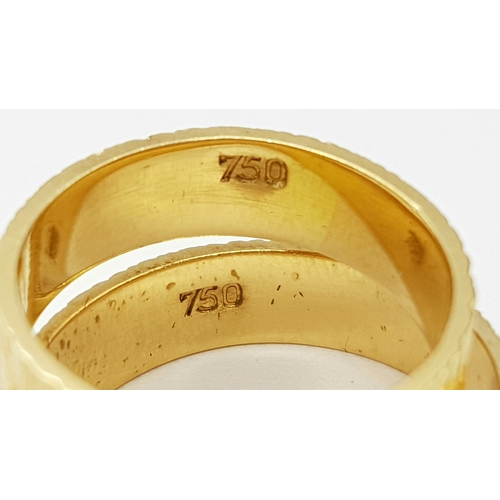 212 - Two Matching 18K Yellow Gold HIS and HER Bark Effect Band Rings. Size J 1/2 and O 1/2. 7.84g