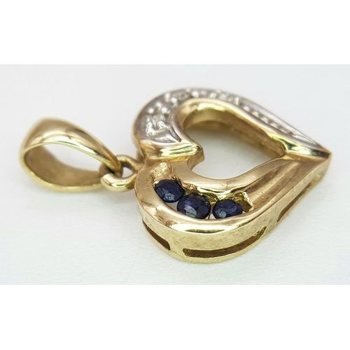 218 - A 9K Gold, Sapphire and Diamond Heart Pendant. 2cm. 1.1g